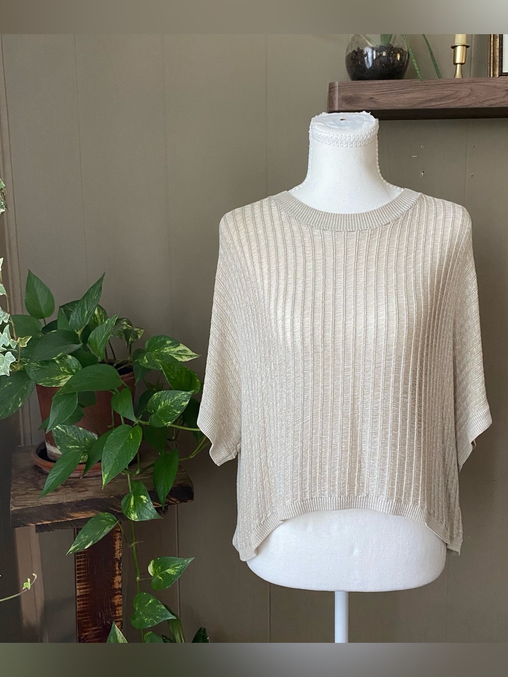 MIOU MUSE beige open knit mesh cover up shirt size S.